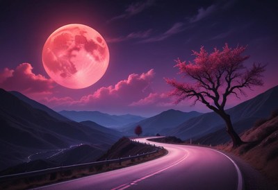 A full moon glows pink over a winding mountain road