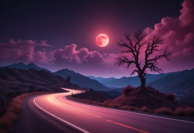 Winding road through mountains under a full moon