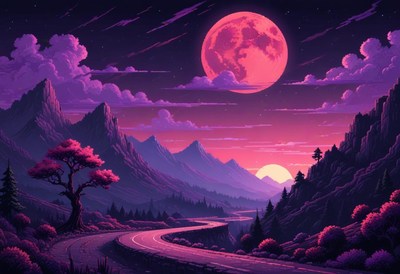 A winding road through a purple mountain range at sunset