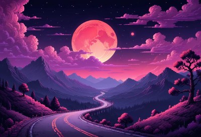 A winding road through the mountains under a giant pink moon