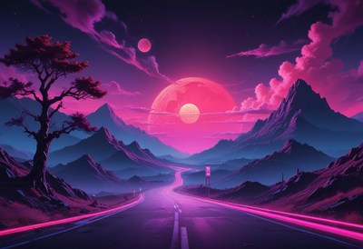 Winding road through mountains at pink sunset