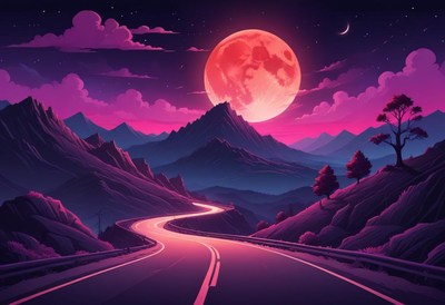 Winding road snakes through mountains under a red moon