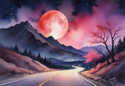 A winding road winds through mountains under a red moon