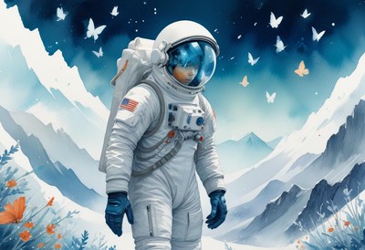 An astronaut in a white spacesuit stands on a snowy mountain