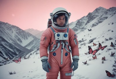 Astronaut wanders snowy land filled with butterflies