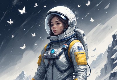 Woman in spacesuit on snowy planet with butterflies