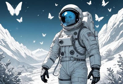 Astronaut walks in snow with butterflies above
