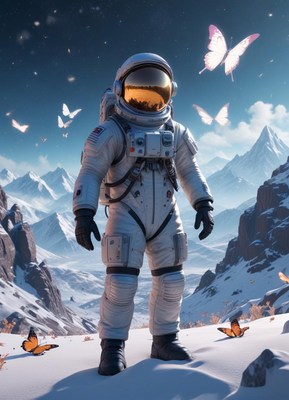 Astronaut on snowy mountain with butterflies