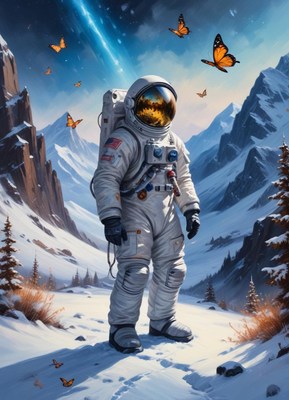 An astronaut stands in a snowy mountain range