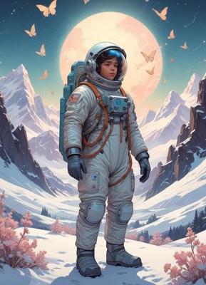 A young astronaut stands in a snowy landscape
