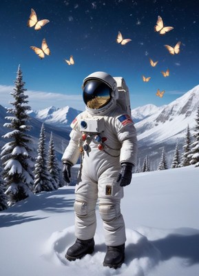 Astronaut in snowy mountains with butterflies