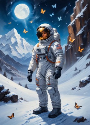 An astronaut stands on a snowy mountain under a full moon
