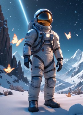 Astronaut walks on a snowy planet with butterflies