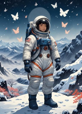 An astronaut gazes from a snowy mountain peak