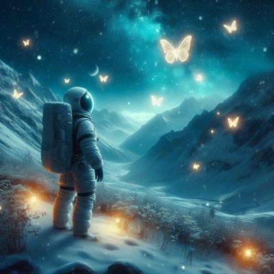 Astronaut in snow admires glowing night butterflies