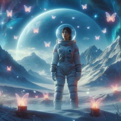 An astronaut in a white spacesuit stands on a snowy planet