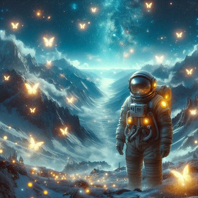 Astronaut in snowy valley with glowing butterflies