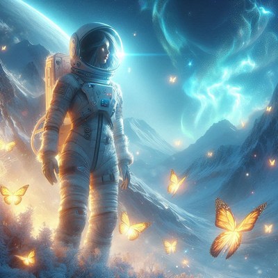 Astronaut gazes at a planet in a snowy landscape