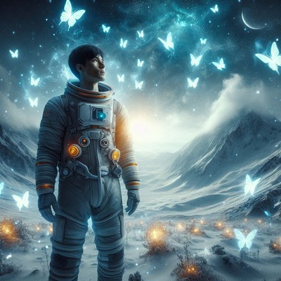 Astronaut watches glowing butterflies in the snow