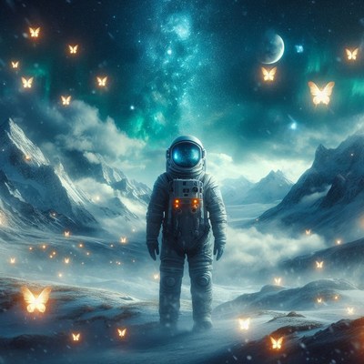 Astronaut in snowy mountains with glowing butterflies