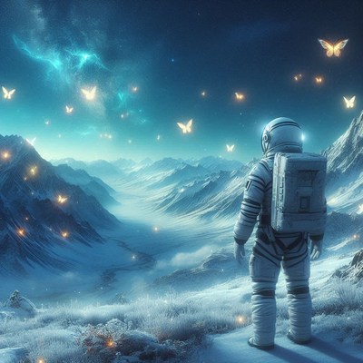 Astronaut on snowy peak watches glowing butterflies