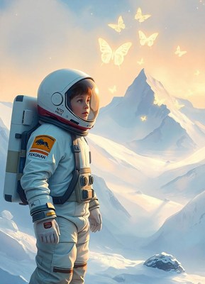 Young astronaut on snowy mountain watches butterflies