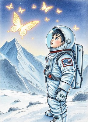 Young astronaut gazes at glowing butterflies on a planet