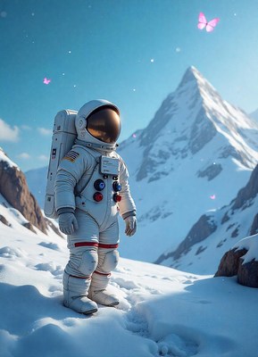 Astronaut on snowy mountain with pink butterflies