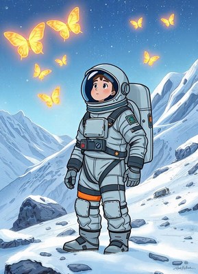 Astronaut on snowy mountain gazes at glowing butterflies