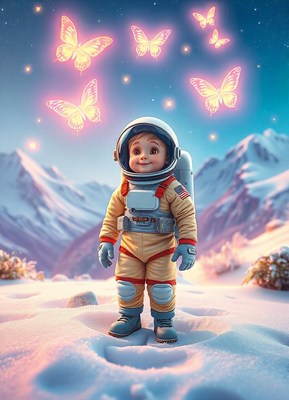 A young astronaut gazes at glowing butterflies above