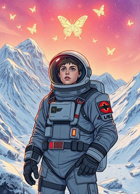 Astronaut in snow gazes at butterflies in pink sky