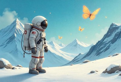 An astronaut observes butterflies in a snowy mountain range