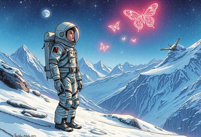 Astronaut on snowy mountain admires glowing butterfly