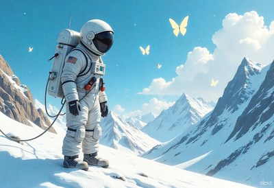 Astronaut on snowy mountain gazes at wide landscape