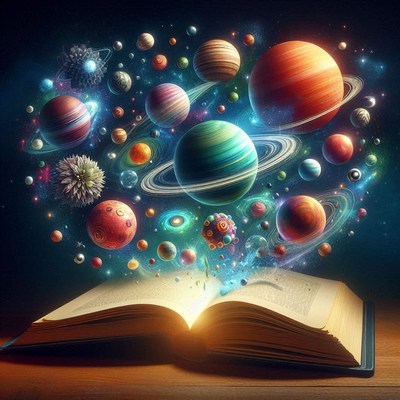 Planets and stars emerge from an open book