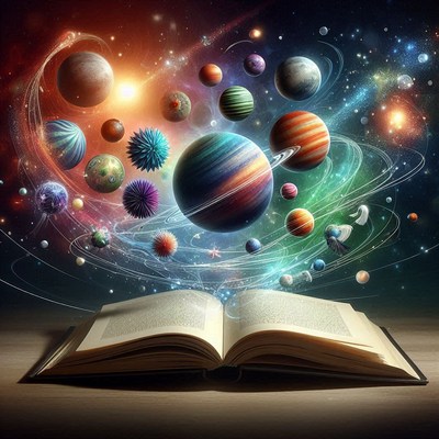 Colorful planets rise from an open book