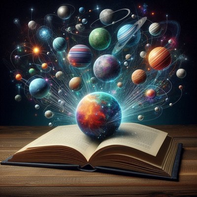 A book with a glowing planet rising from its pages