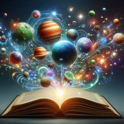 Planets burst from an open book