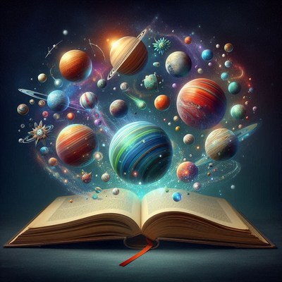 Planets emerge from an open book