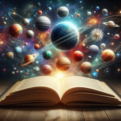 Planets emerge from an open book