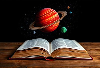 A book opens to reveal planets and stars in the night sky