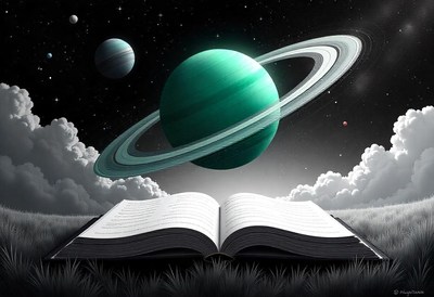 Green planet with rings above an open book