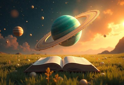 A planet with rings hovers above an open book in a field