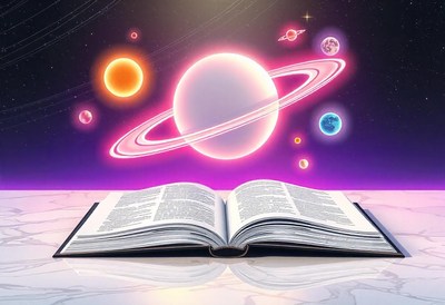 Open book with a glowing planet and rings behind