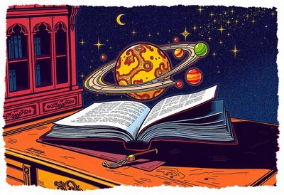 A book sits open on a desk with a ringed planet above