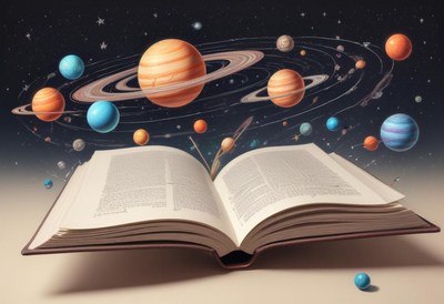 Planets fly out of an open book