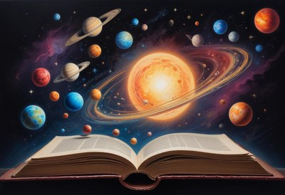 A book opens to reveal a colorful solar system