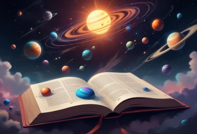 A large, open book lays on a purple and pink background