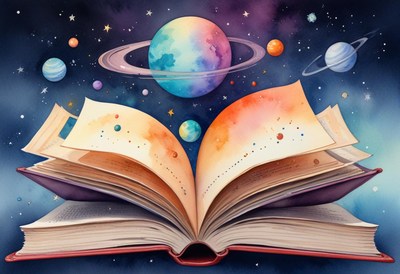 A book reveals a vibrant galaxy of stars and planets
