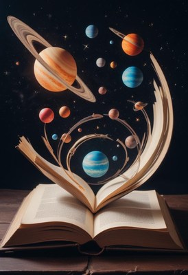 Planets emerge from an open book